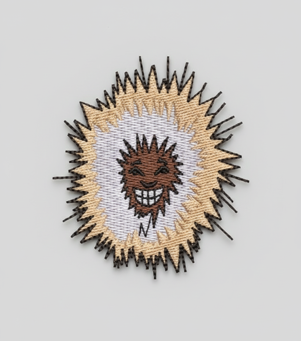 Embroidery design of a Eskimo smiling face surrounded by a circular pattern on a grid background