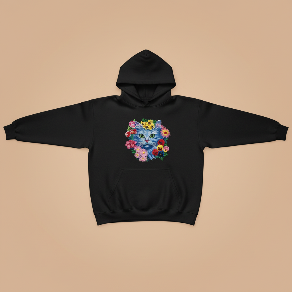 Floral Blue Cat — Embroidered Hoodie