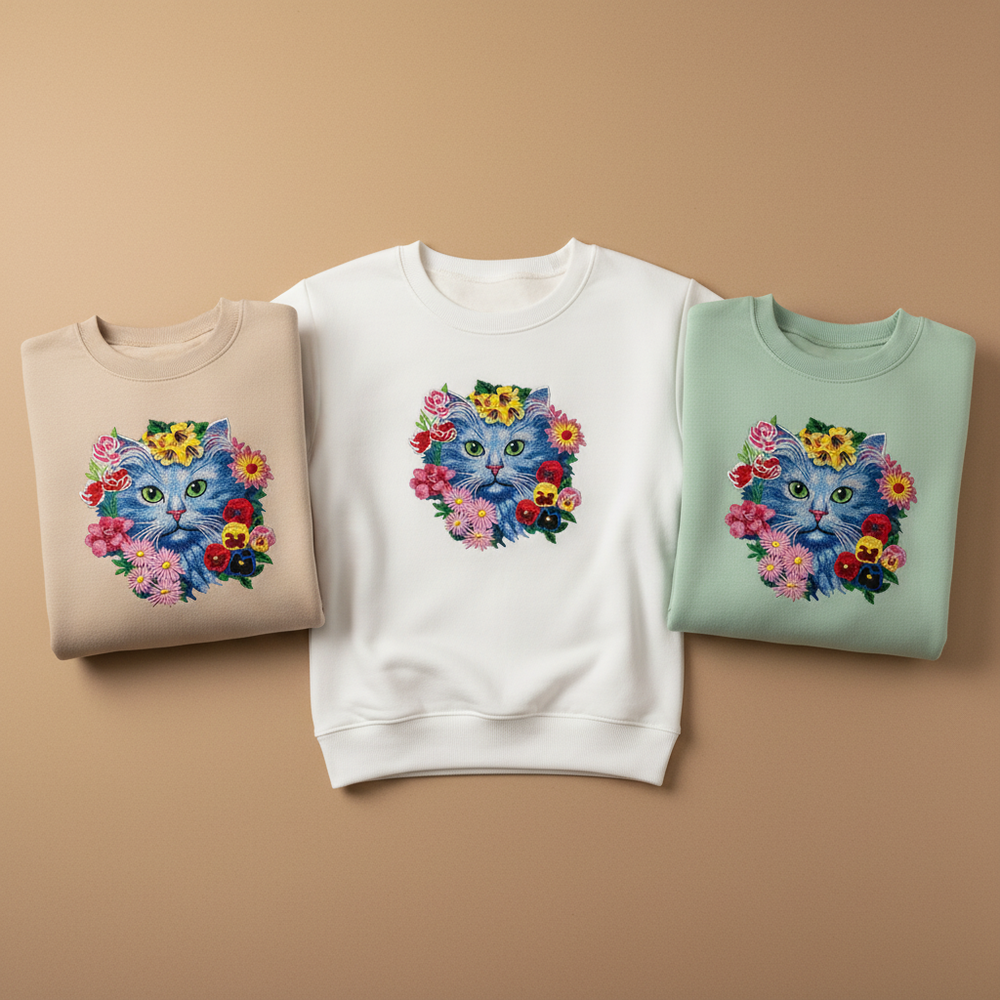 Floral Blue Cat Machine Embroidered Sweatshirt – Hand Finished in Dubai | EmbroMania