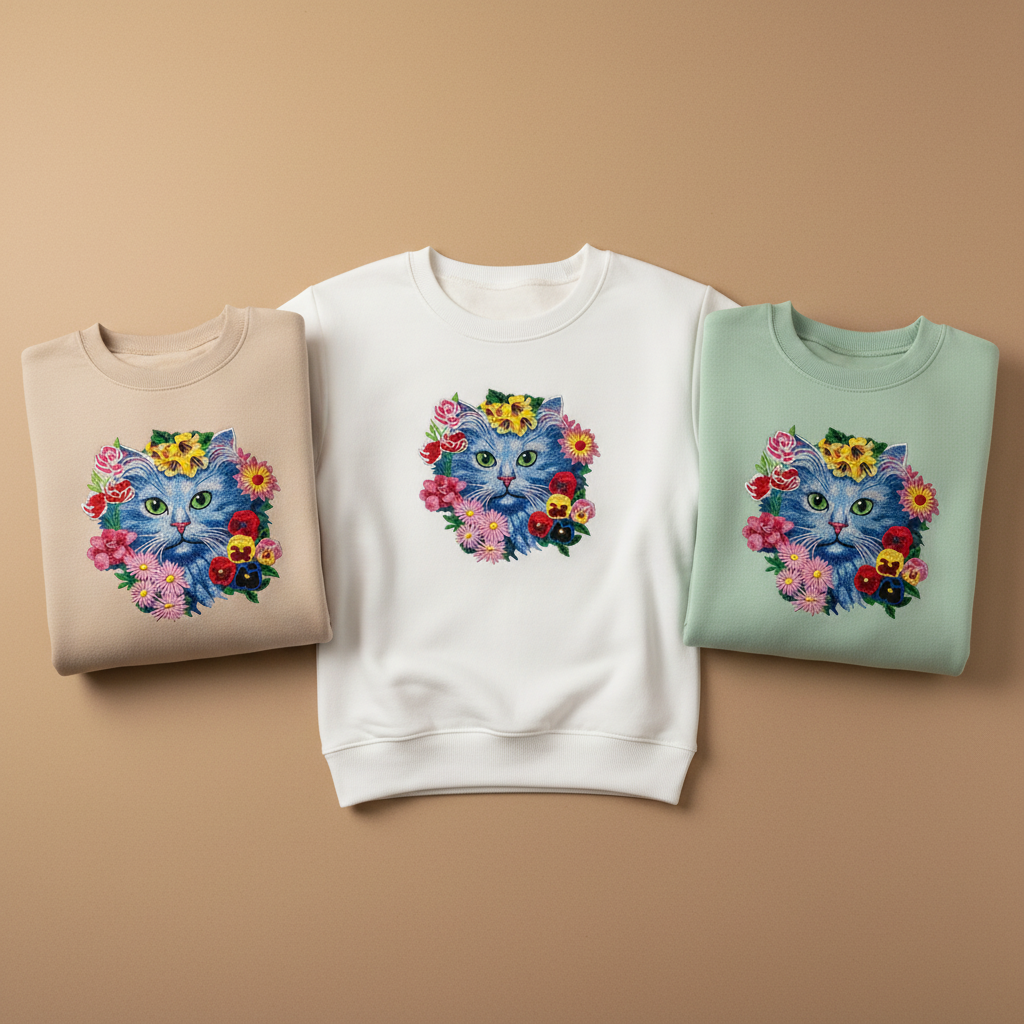 Floral Blue Cat Machine Embroidered Sweatshirt – Hand Finished in Dubai | EmbroMania