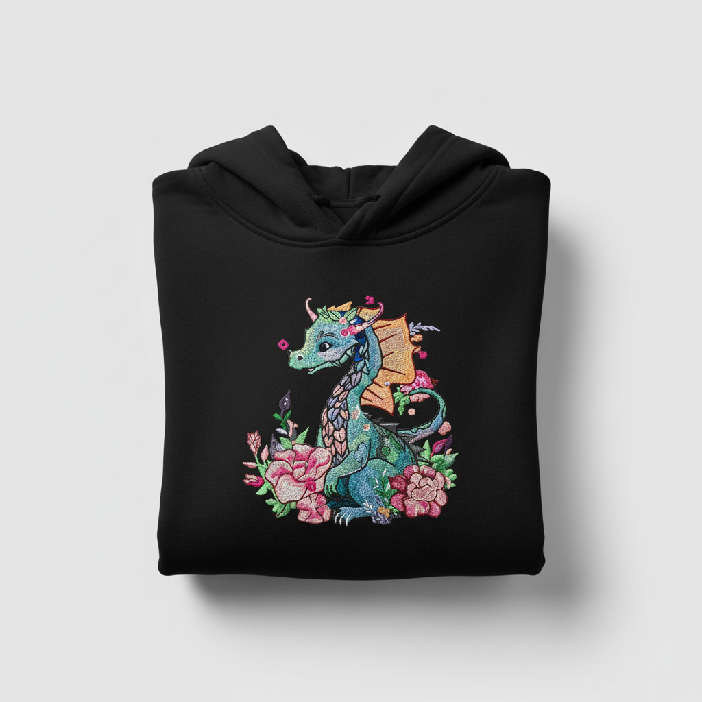 Floral Dragon Machine Embroidered Hoodie – Hand Finished in Dubai | EmbroMania