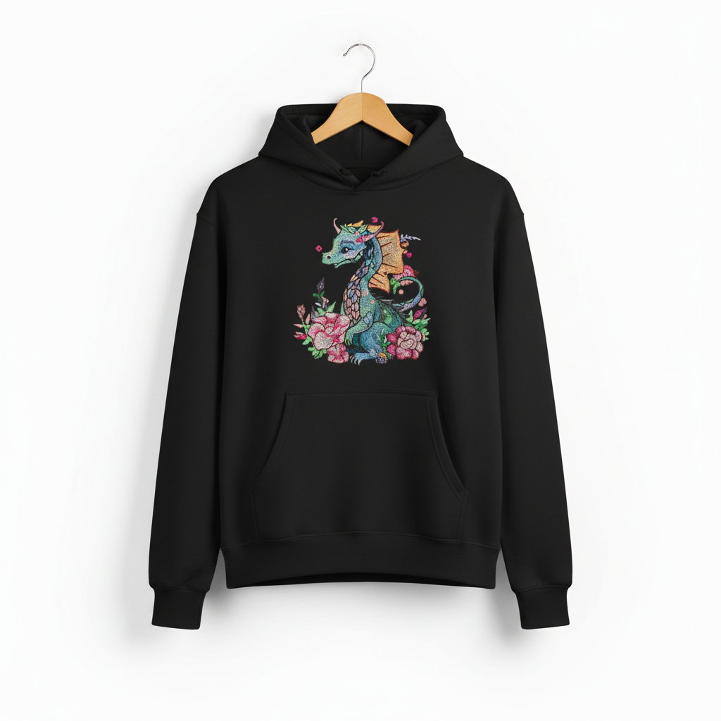 Floral Dragon Machine Embroidered Hoodie – Hand Finished in Dubai | EmbroMania