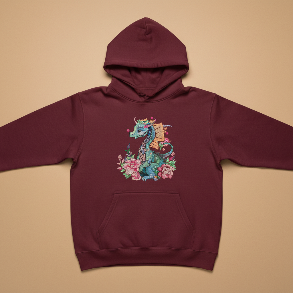 Floral Dragon Machine Embroidered Hoodie – Hand Finished in Dubai | EmbroMania