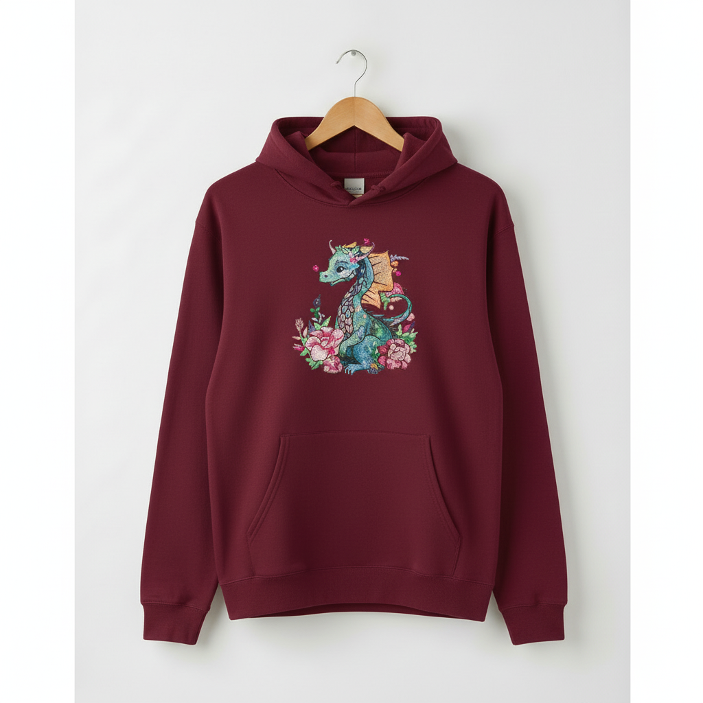 Floral Dragon Machine Embroidered Hoodie – Hand Finished in Dubai | EmbroMania