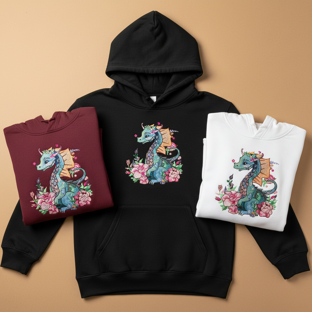 Floral Dragon Machine Embroidered Hoodie – Hand Finished in Dubai | EmbroMania