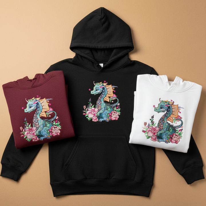 Floral Dragon Machine Embroidered Hoodie – Hand Finished in Dubai | EmbroMania