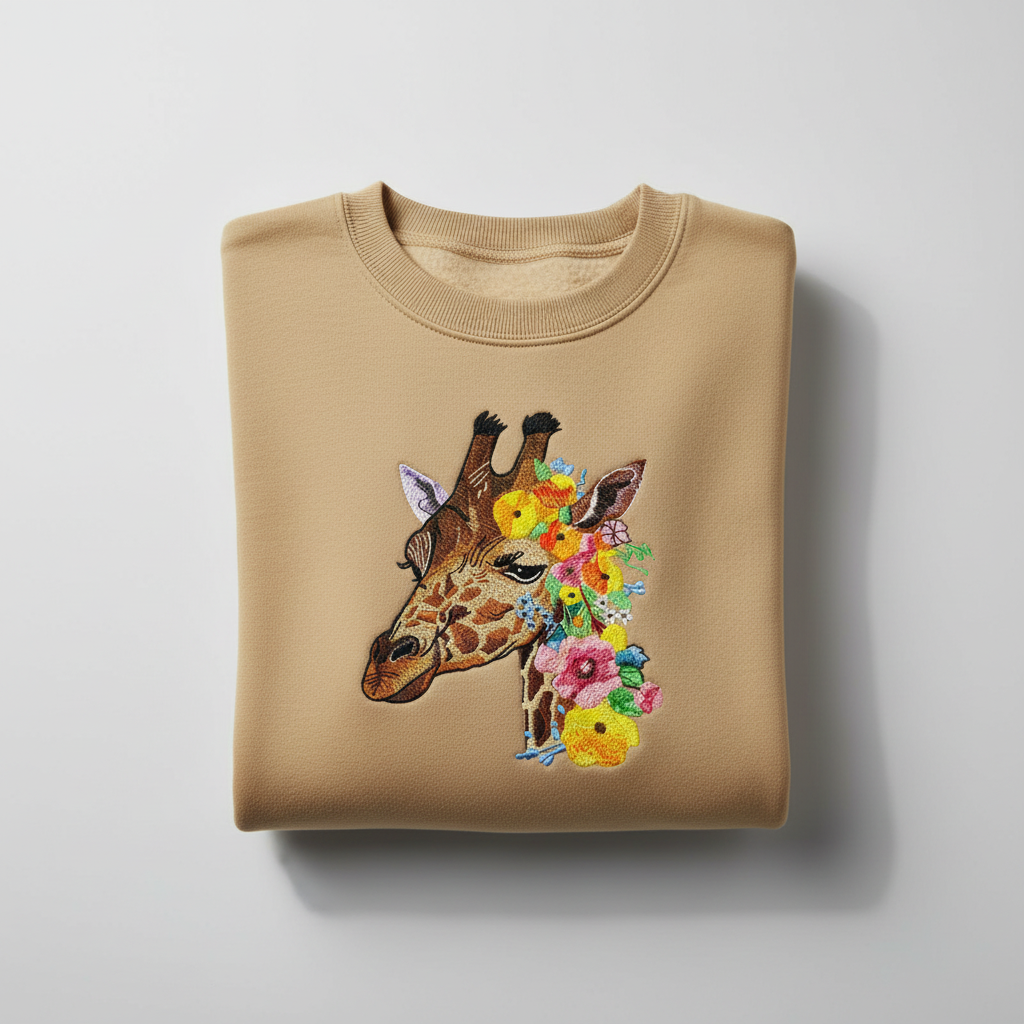 Floral Giraffe Machine Embroidered Sweatshirt – Hand Finished in Dubai | EmbroMania