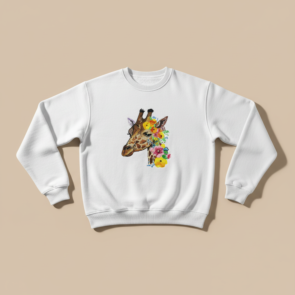 Floral Giraffe Machine Embroidered Sweatshirt – Hand Finished in Dubai | EmbroMania