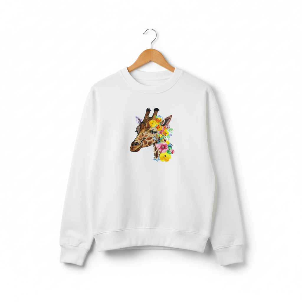 Floral Giraffe Machine Embroidered Sweatshirt – Hand Finished in Dubai | EmbroMania