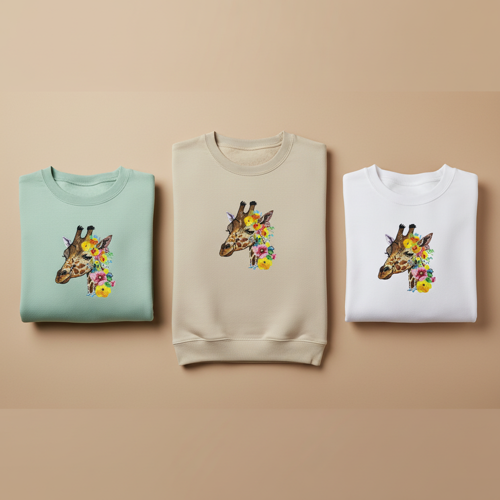Floral Giraffe Machine Embroidered Sweatshirt – Hand Finished in Dubai | EmbroMania