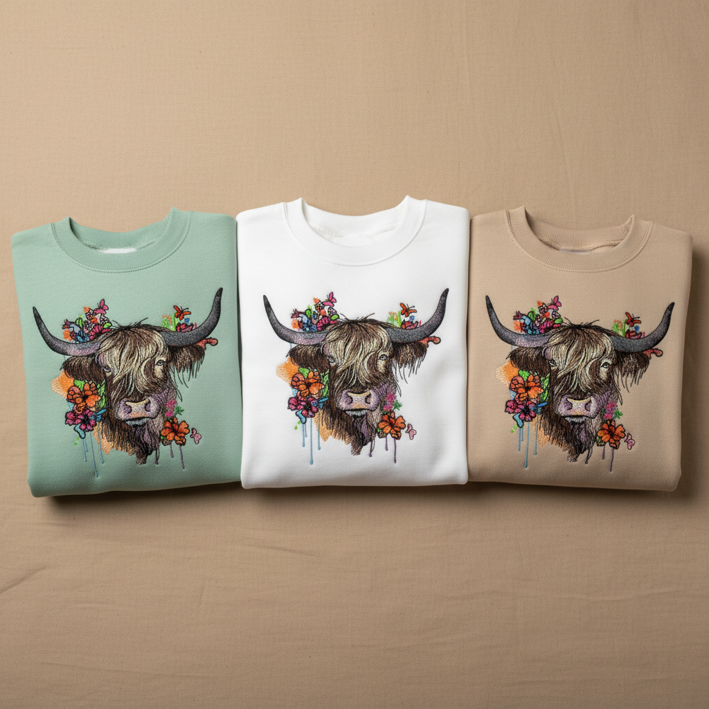 Floral Highland Cow Machine Embroidered Sweatshirt – Hand Finished in Dubai | EmbroMania