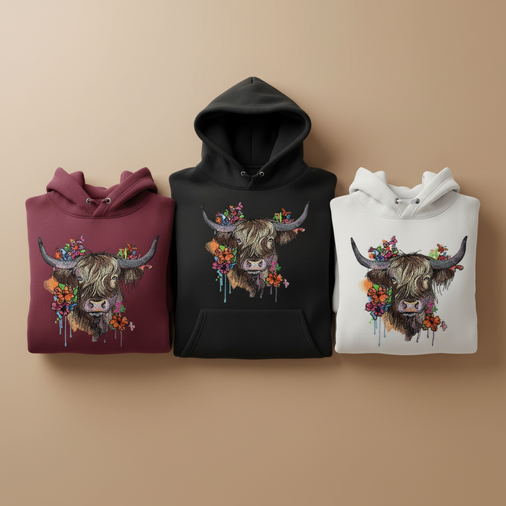 Floral Highland Cow Machine Embroidered Hoodie – Hand Finished in Dubai | EmbroMania