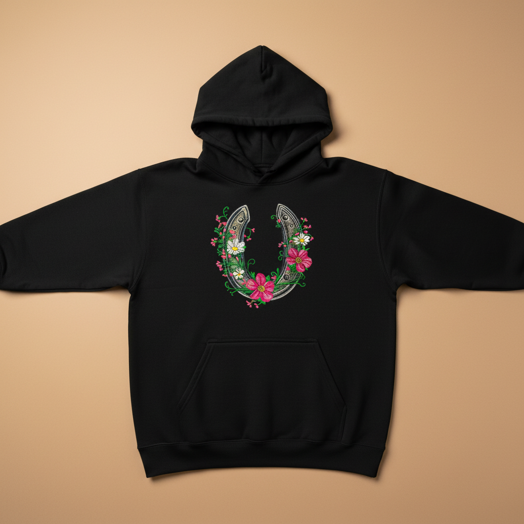 Floral Horseshoe Machine Embroidered Hoodie – Hand Finished in Dubai | EmbroMania