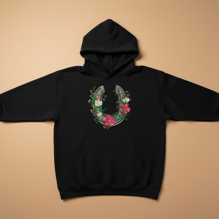 Floral Horseshoe Machine Embroidered Hoodie – Hand Finished in Dubai | EmbroMania