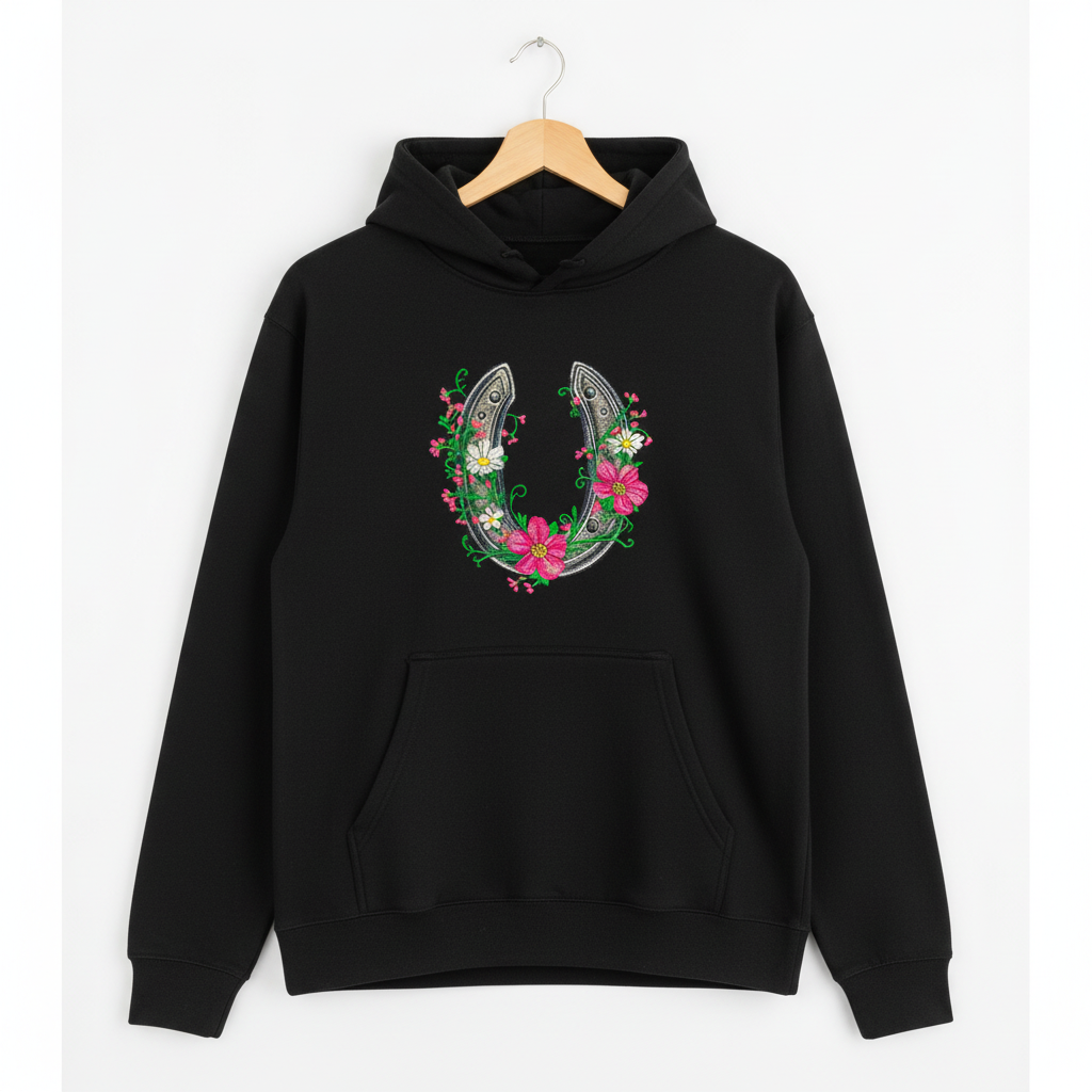Floral Horseshoe Machine Embroidered Hoodie – Hand Finished in Dubai | EmbroMania