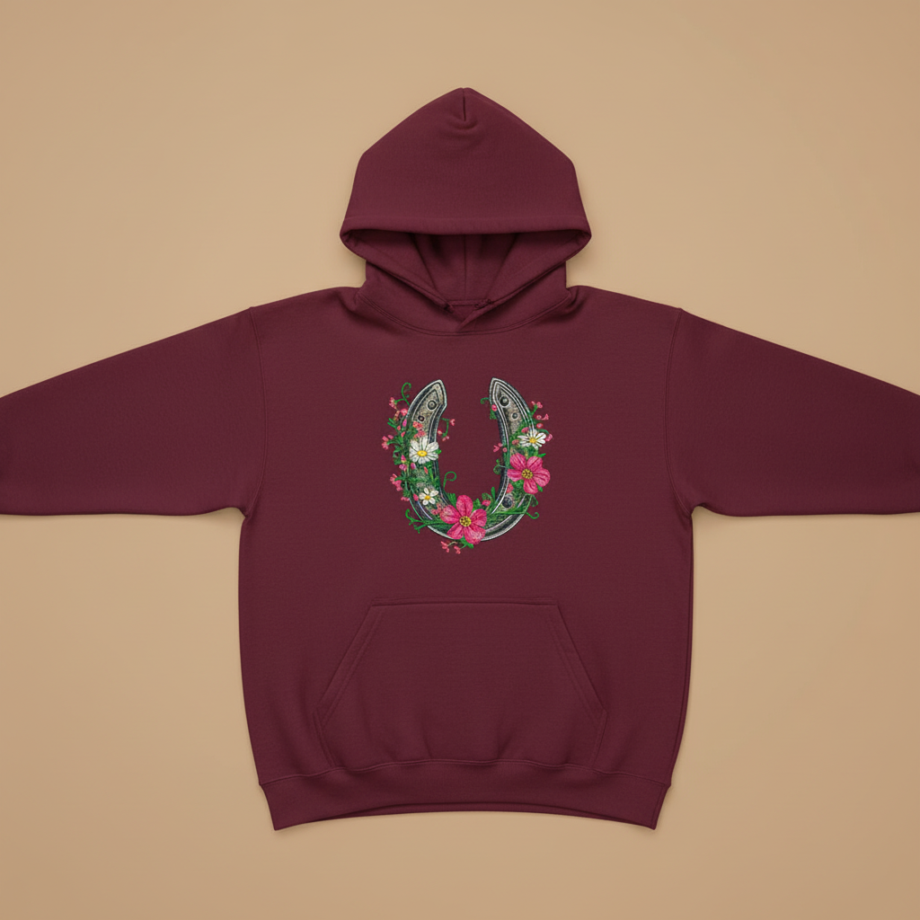 Floral Horseshoe Machine Embroidered Hoodie – Hand Finished in Dubai | EmbroMania