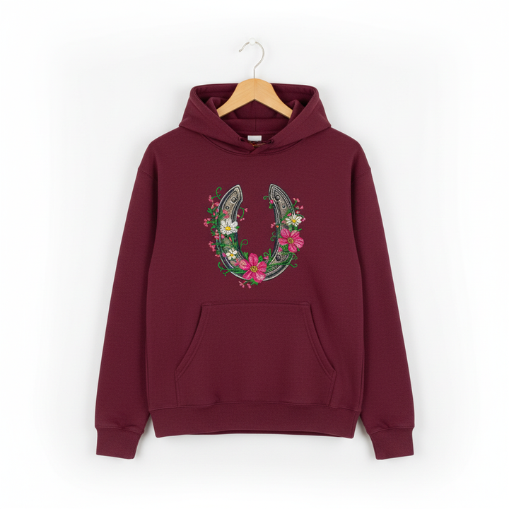 Floral Horseshoe Machine Embroidered Hoodie – Hand Finished in Dubai | EmbroMania