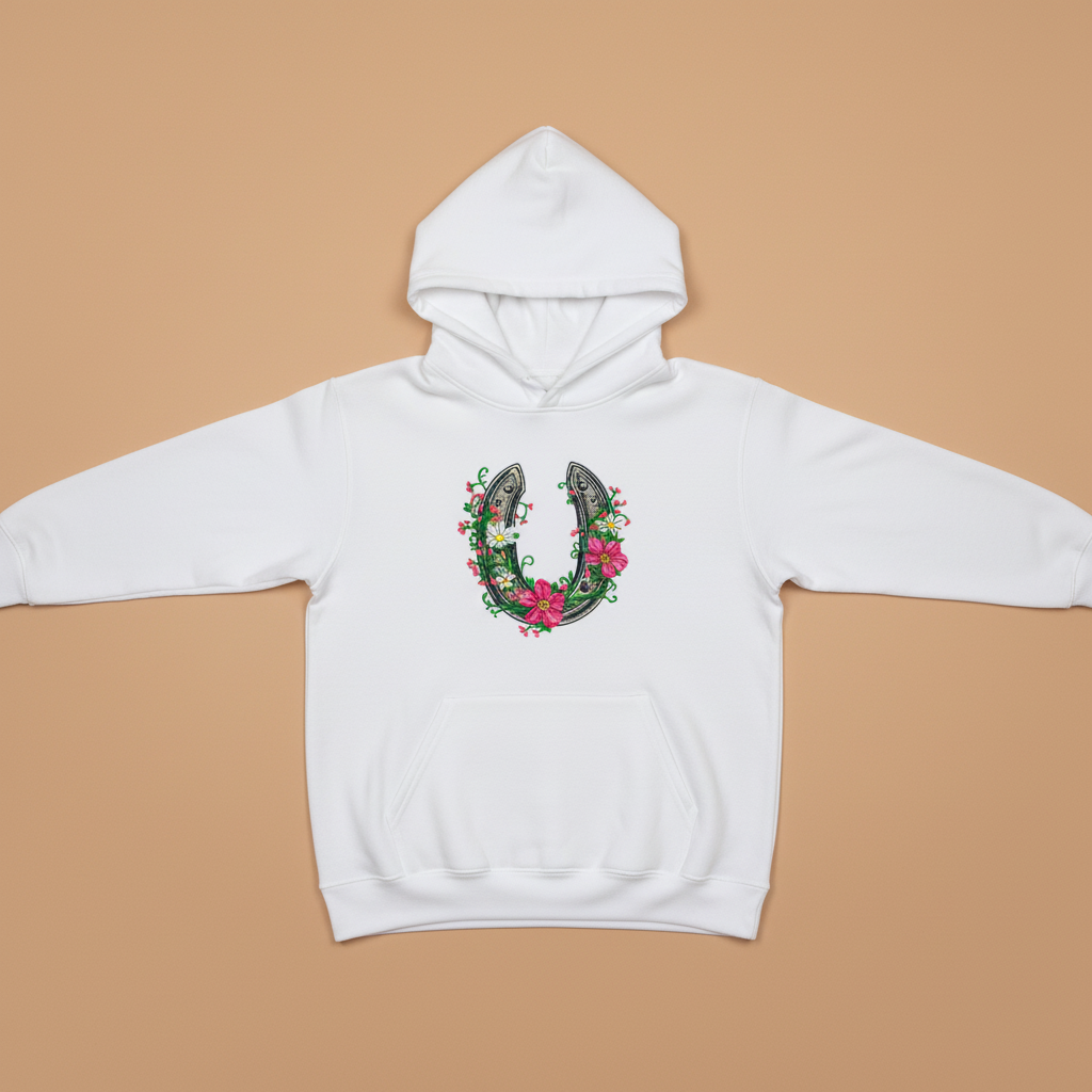 Floral Horseshoe Machine Embroidered Hoodie – Hand Finished in Dubai | EmbroMania