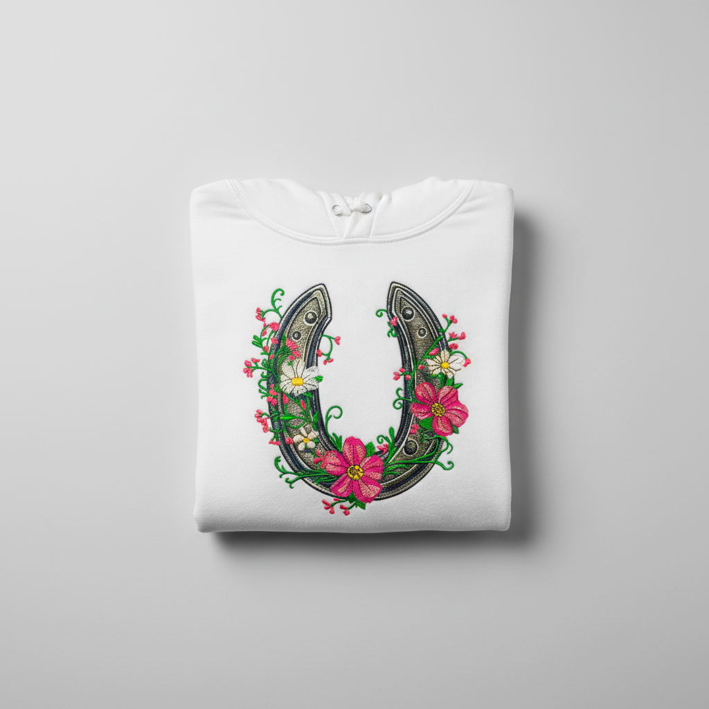 Floral Horseshoe Machine Embroidered Hoodie – Hand Finished in Dubai | EmbroMania