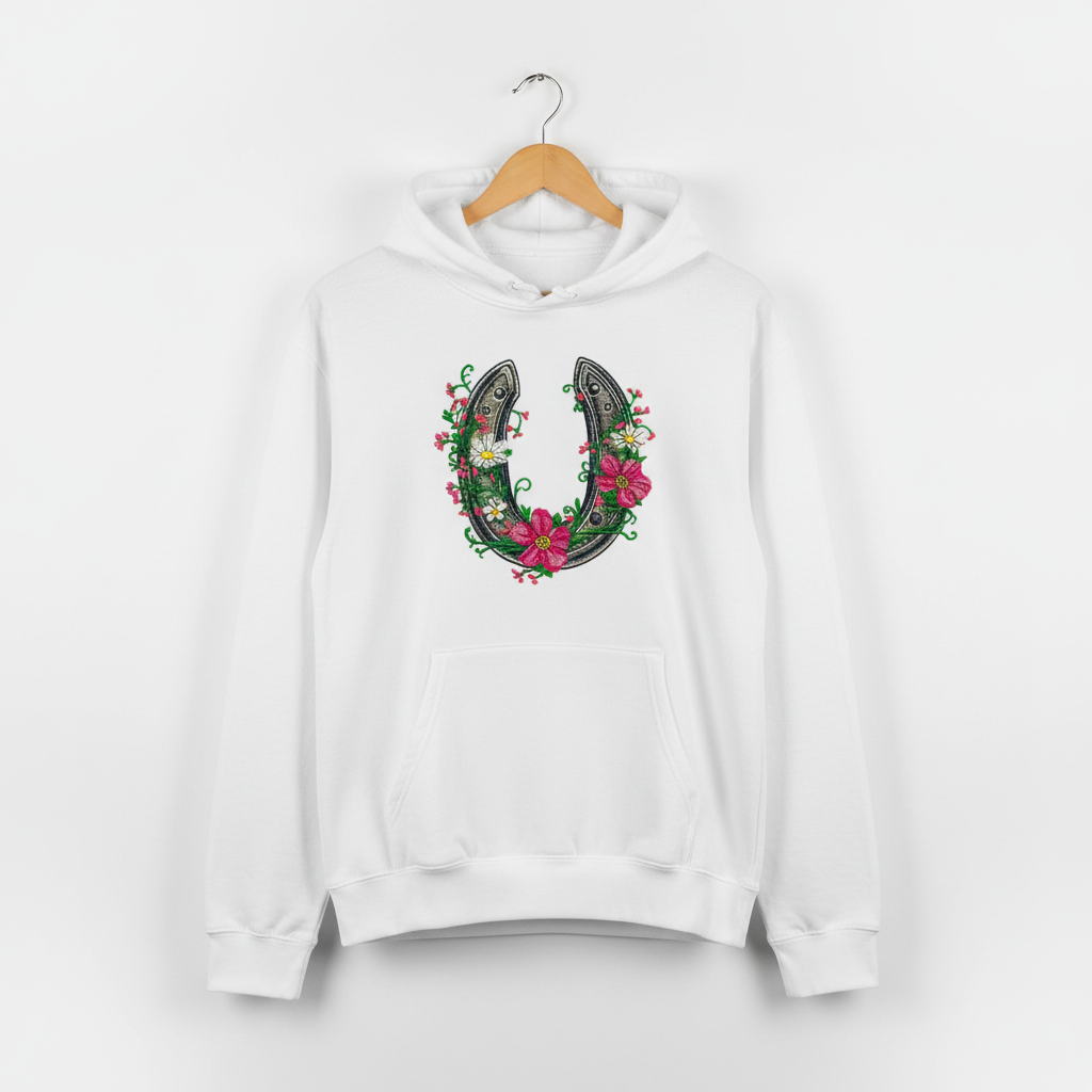 Floral Horseshoe Machine Embroidered Hoodie – Hand Finished in Dubai | EmbroMania