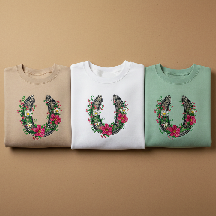Floral Horseshoe Machine Embroidered Sweatshirt – Hand Finished in Dubai | EmbroMania