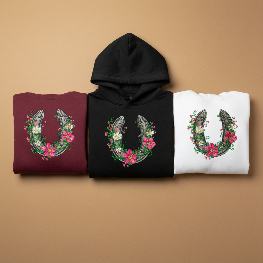 Floral Horseshoe Machine Embroidered Hoodie – Hand Finished in Dubai | EmbroMania