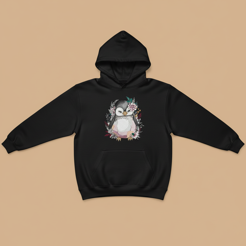 Floral Penguin Machine Embroidered Hoodie – Hand Finished in Dubai | EmbroMania