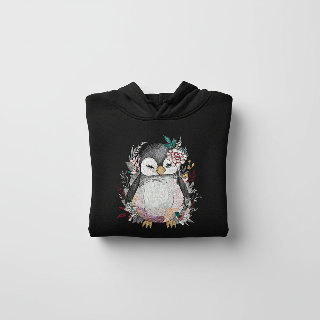 Floral Penguin Machine Embroidered Hoodie – Hand Finished in Dubai | EmbroMania
