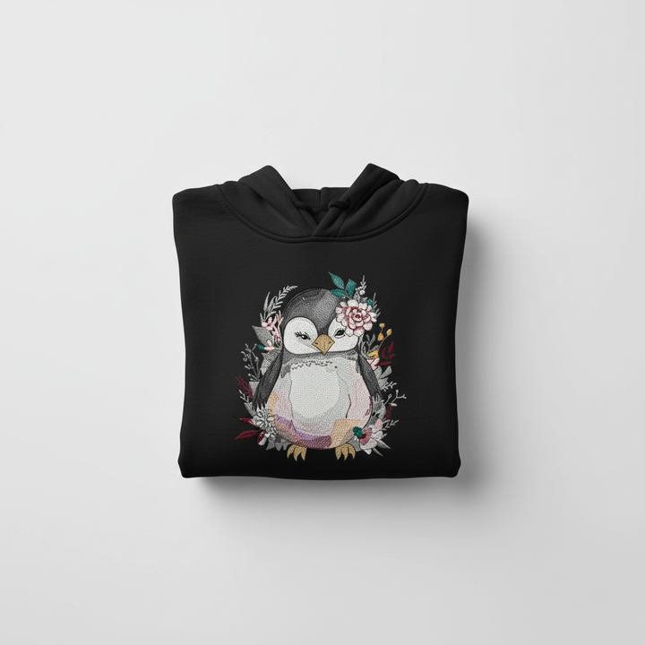 Floral Penguin Machine Embroidered Hoodie – Hand Finished in Dubai | EmbroMania