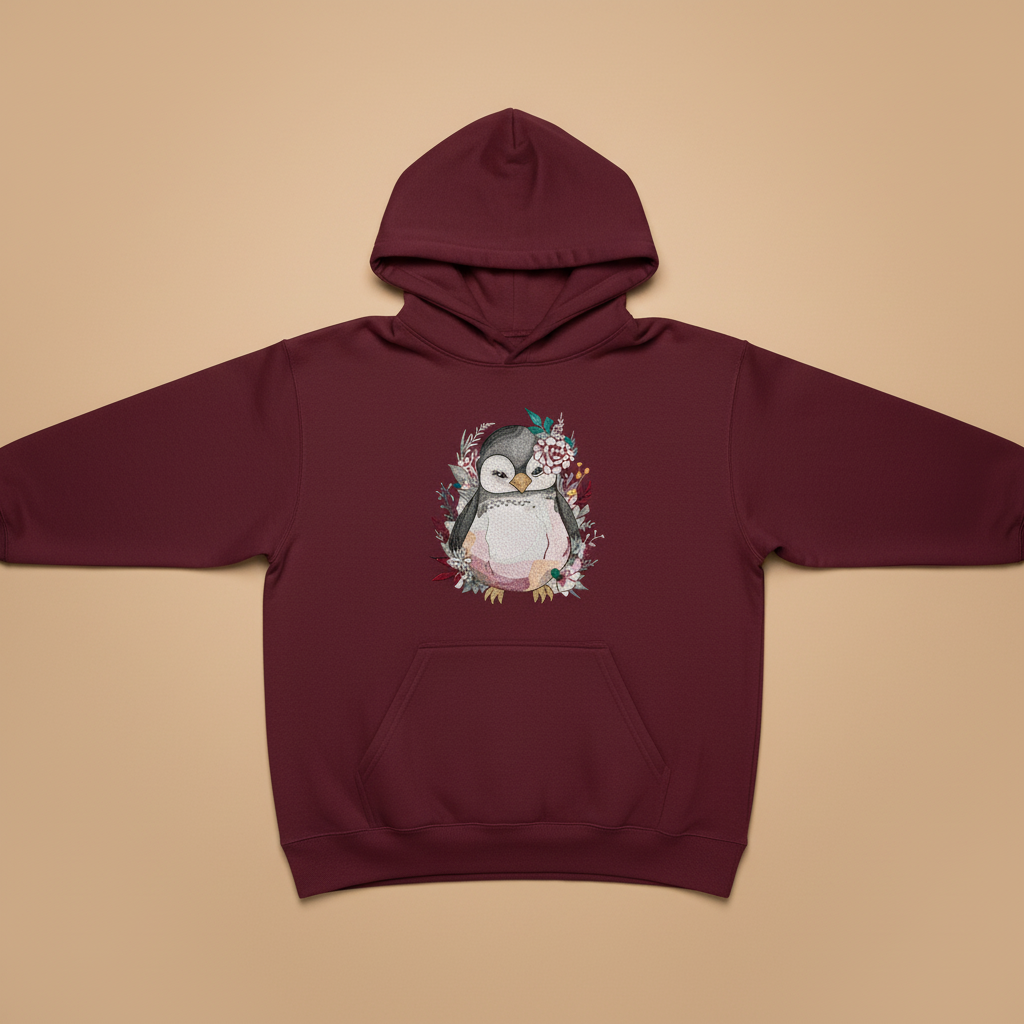 Floral Penguin Machine Embroidered Hoodie – Hand Finished in Dubai | EmbroMania