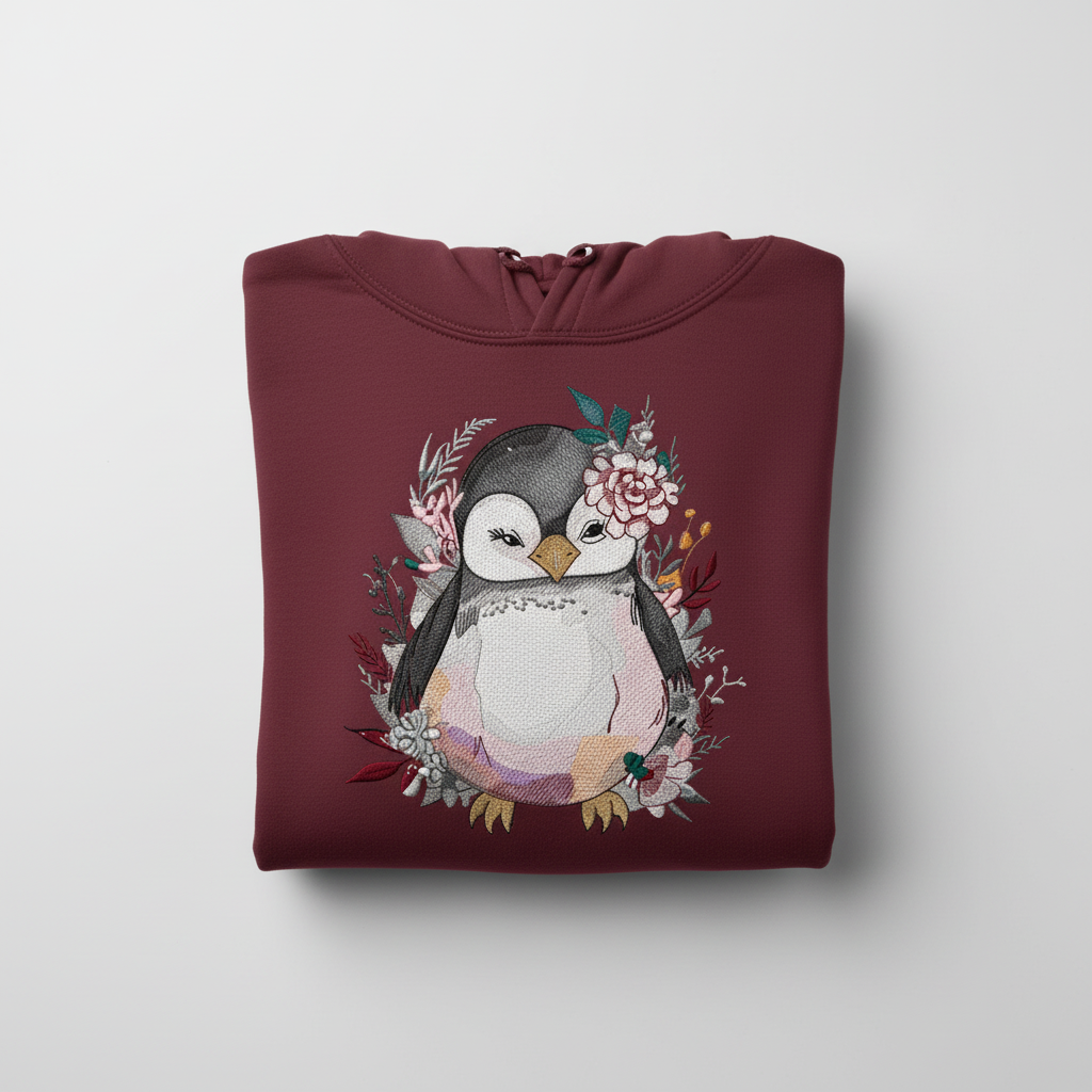 Floral Penguin Machine Embroidered Hoodie – Hand Finished in Dubai | EmbroMania