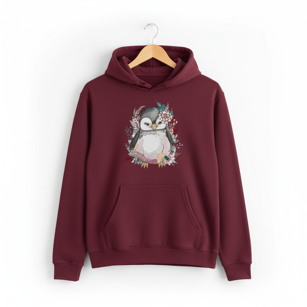 Floral Penguin Machine Embroidered Hoodie – Hand Finished in Dubai | EmbroMania