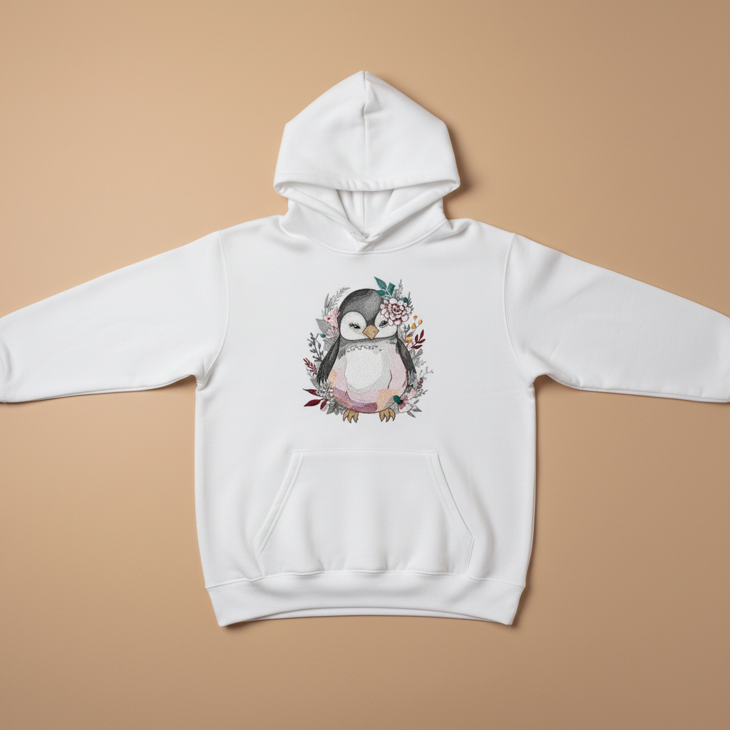 Floral Penguin Machine Embroidered Hoodie – Hand Finished in Dubai | EmbroMania
