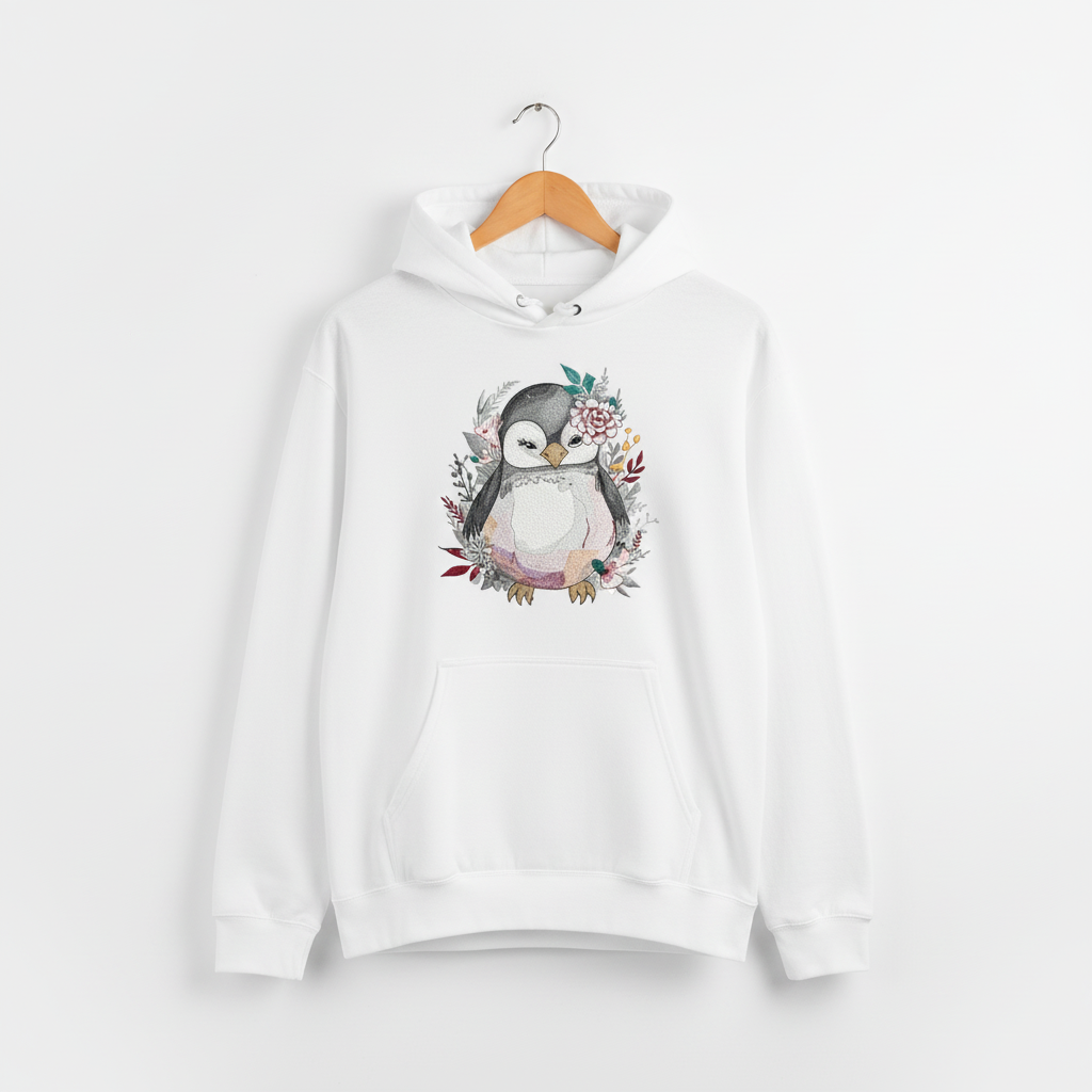 Floral Penguin Machine Embroidered Hoodie – Hand Finished in Dubai | EmbroMania