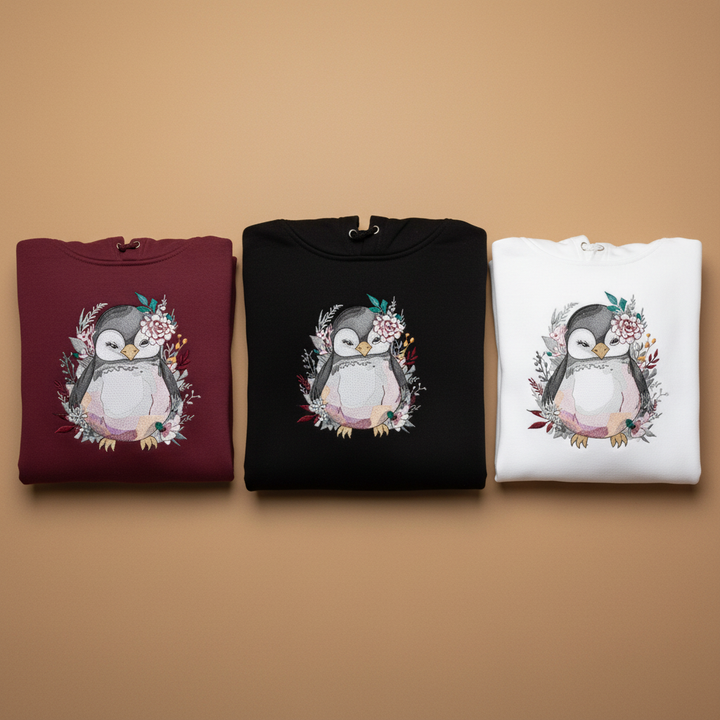 Floral Penguin Machine Embroidered Hoodie – Hand Finished in Dubai | EmbroMania