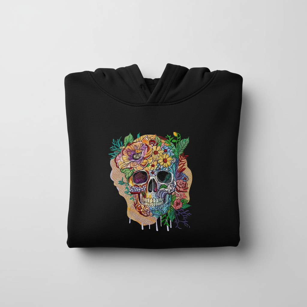Carnival Skull Machine Embroidered Hoodie – Hand Finished in Dubai | EmbroMania