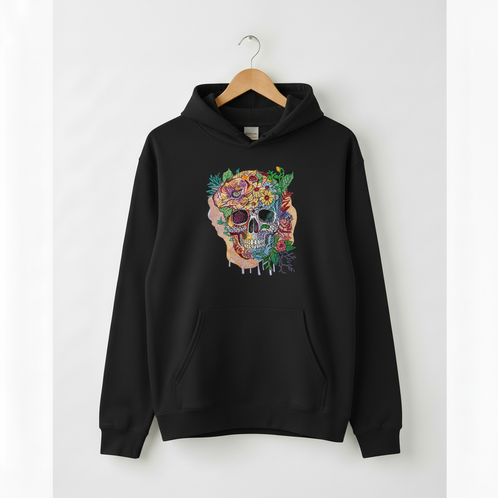 Carnival Skull Machine Embroidered Hoodie – Hand Finished in Dubai | EmbroMania