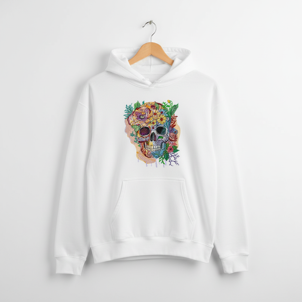 Carnival Skull Machine Embroidered Hoodie – Hand Finished in Dubai | EmbroMania