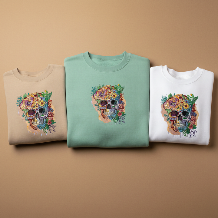 Floral Skull Machine Embroidered Sweatshirt – Hand Finished in Dubai | EmbroMania