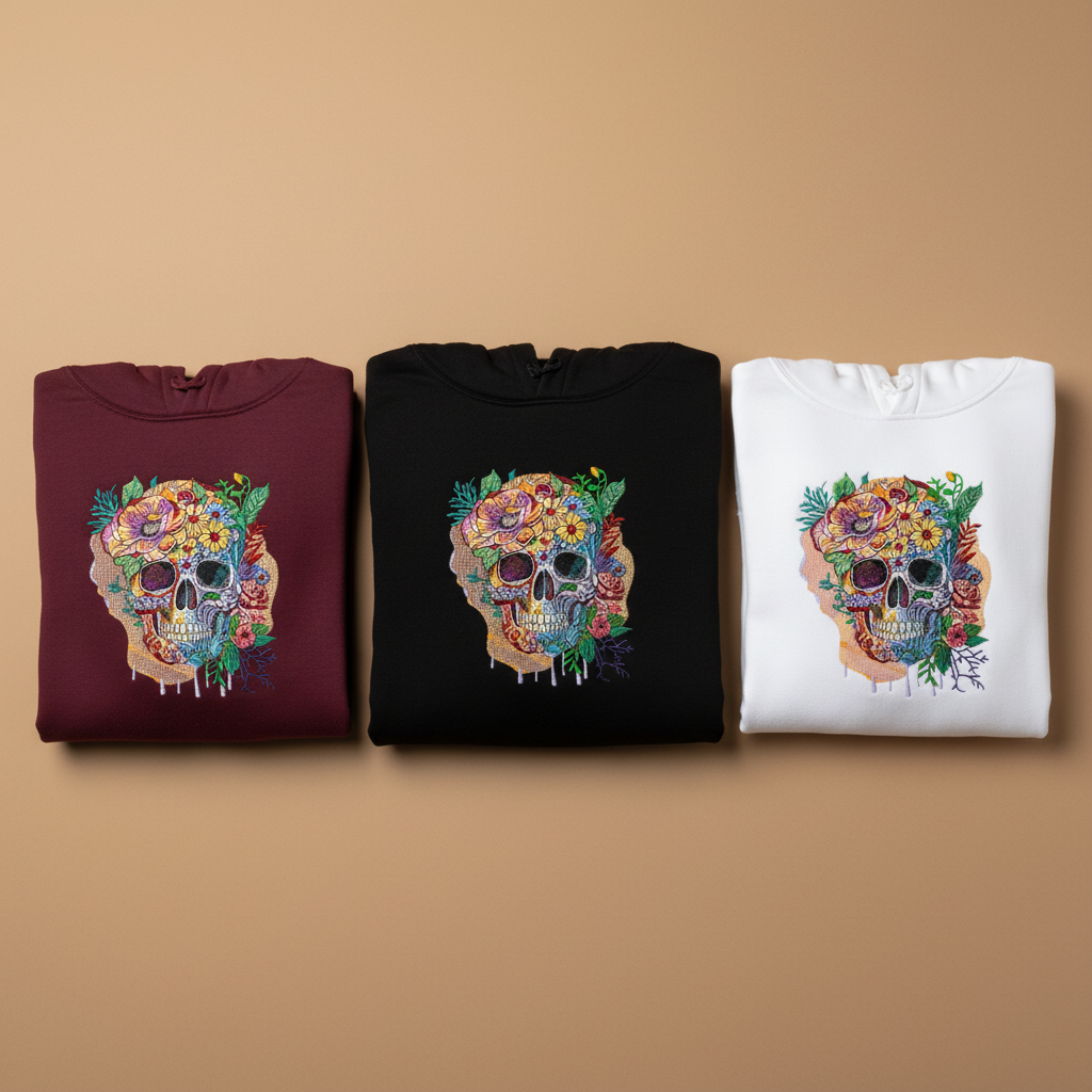 Carnival Skull Machine Embroidered Hoodie – Hand Finished in Dubai | EmbroMania