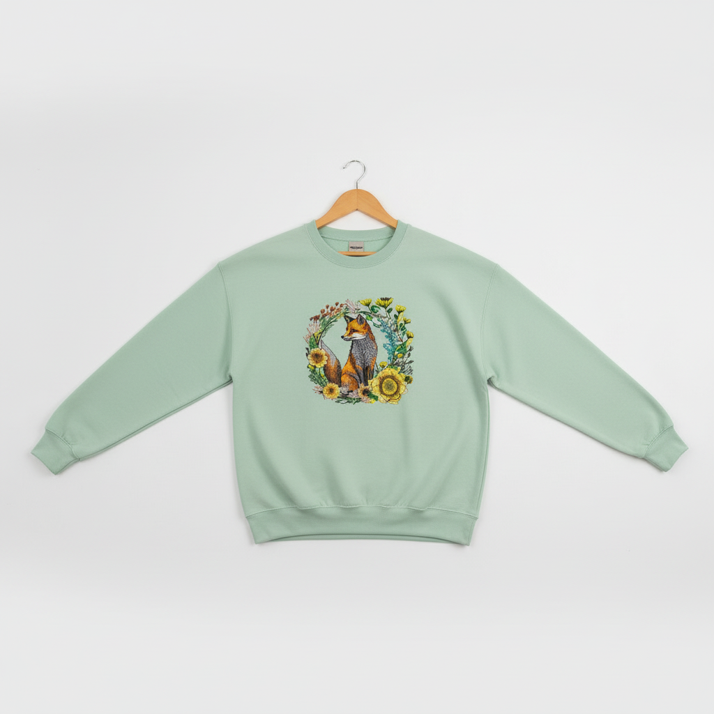 Wild Sunflower Fox Machine Embroidered Sweatshirt – Hand Finished in Dubai | EmbroMania