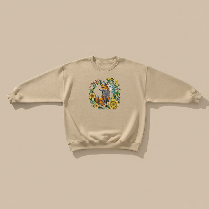 Wild Sunflower Fox Machine Embroidered Sweatshirt – Hand Finished in Dubai | EmbroMania