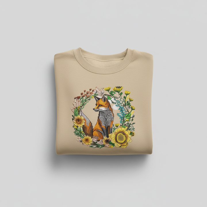 Wild Sunflower Fox Machine Embroidered Sweatshirt – Hand Finished in Dubai | EmbroMania