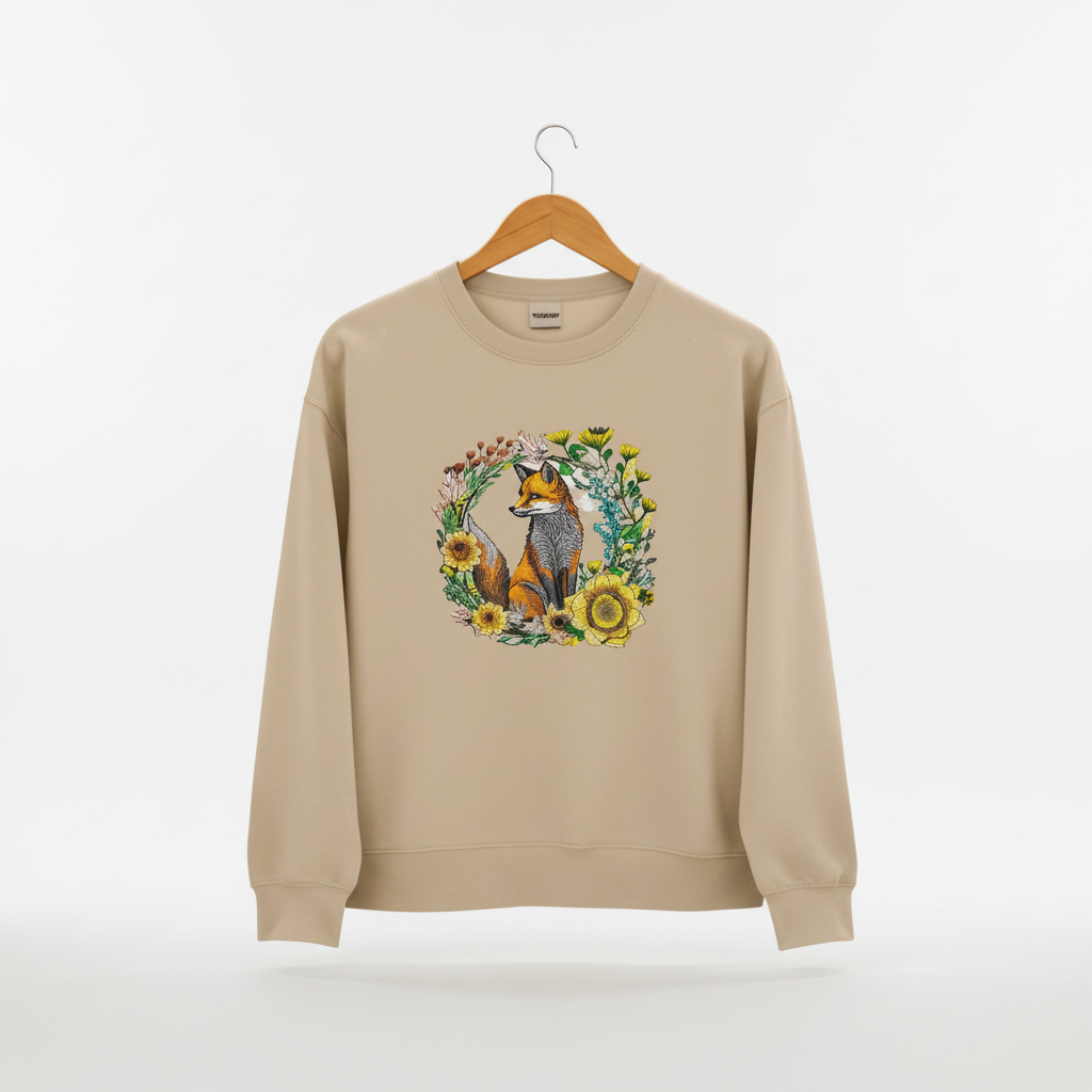 Wild Sunflower Fox Machine Embroidered Sweatshirt – Hand Finished in Dubai | EmbroMania