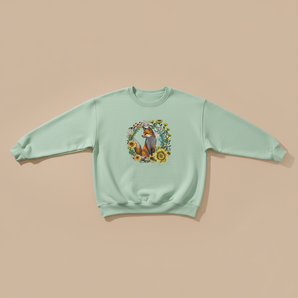 Wild Sunflower Fox Machine Embroidered Sweatshirt – Hand Finished in Dubai | EmbroMania