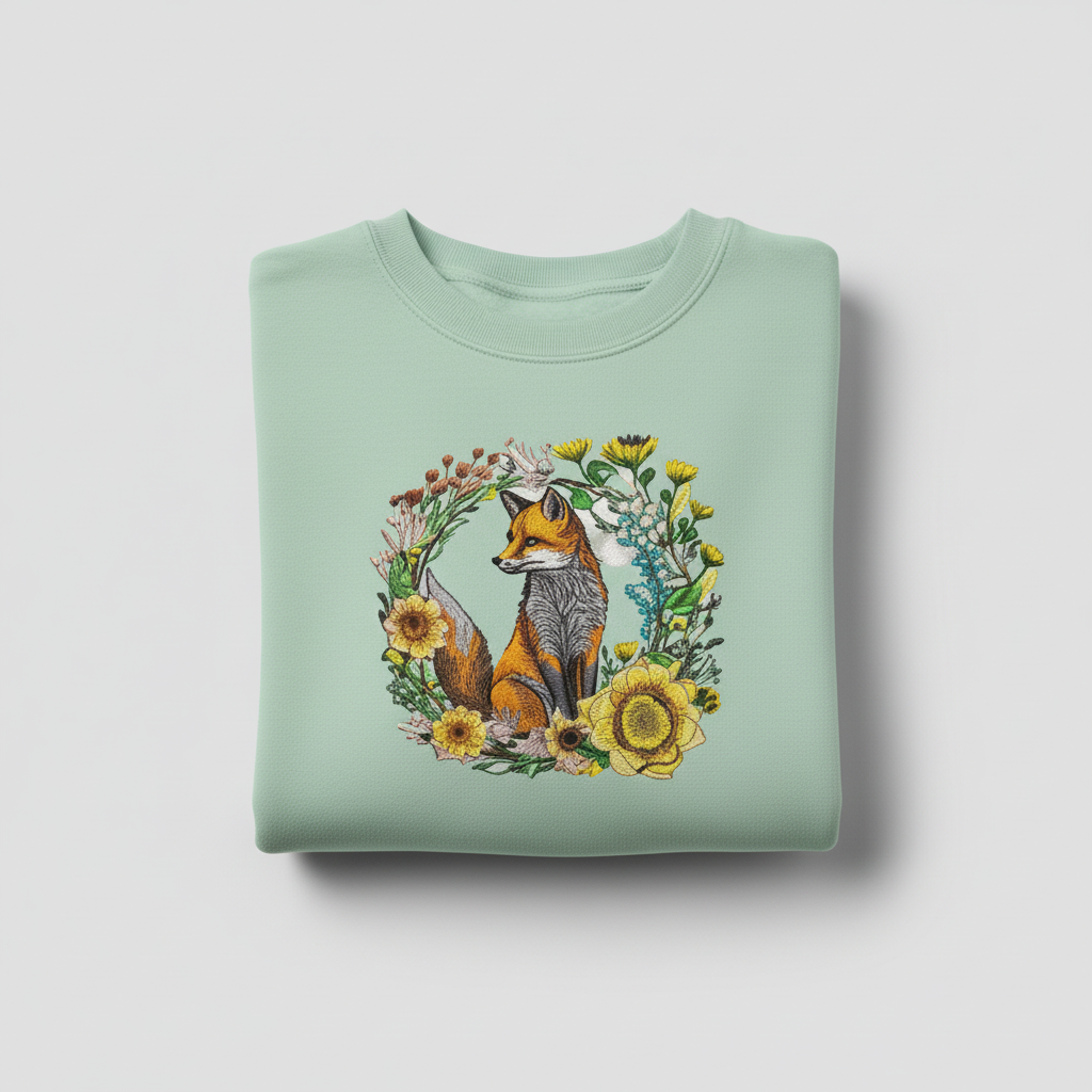 Wild Sunflower Fox Machine Embroidered Sweatshirt – Hand Finished in Dubai | EmbroMania
