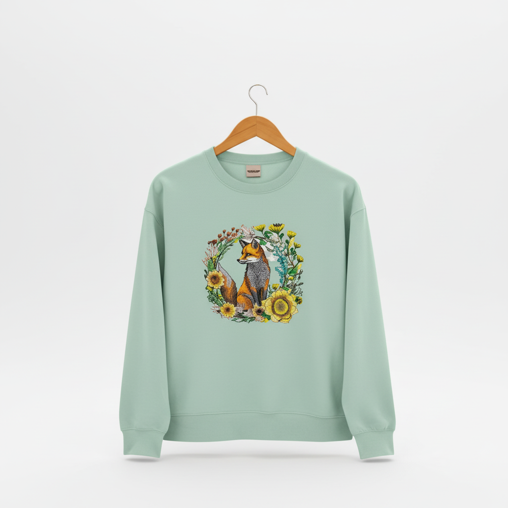 Wild Sunflower Fox Machine Embroidered Sweatshirt – Hand Finished in Dubai | EmbroMania