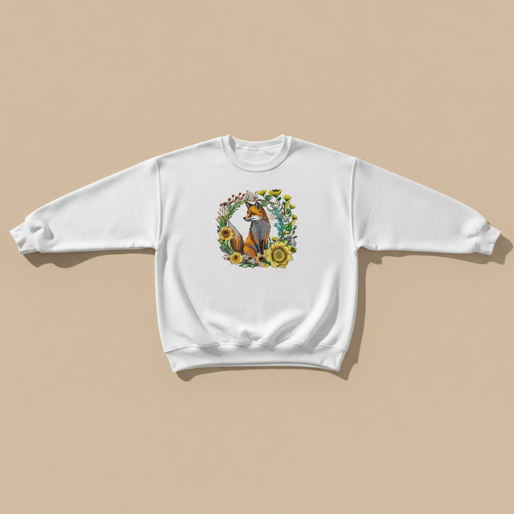 Wild Sunflower Fox Machine Embroidered Sweatshirt – Hand Finished in Dubai | EmbroMania