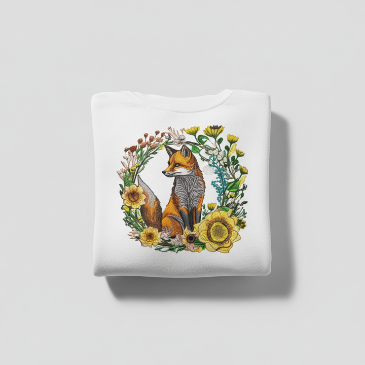 Wild Sunflower Fox Machine Embroidered Sweatshirt – Hand Finished in Dubai | EmbroMania