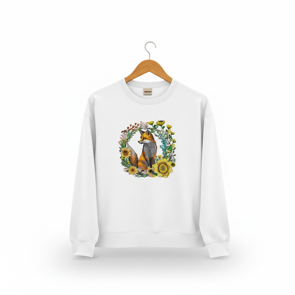 Wild Sunflower Fox Machine Embroidered Sweatshirt – Hand Finished in Dubai | EmbroMania